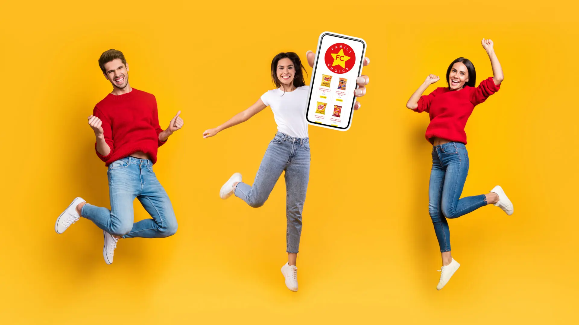 Happy young woman showing empty cellphone screen while jumping up on yellow studio background, collage, full body length, banner panorama. Excited lady recommending nice and useful mobile application